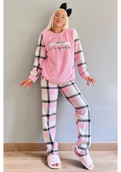 Toz Pembe Deep Chic Desenli Kadın Peluş Pijama Takımı