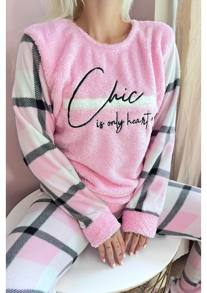 Toz Pembe Deep Chic Desenli Kadın Peluş Pijama Takımı