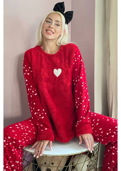 Pijama Evi Kırmızı Enjoy Life Desenli Kadın Peluş Pijama Takımı