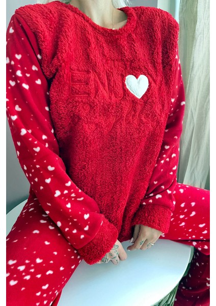 Pijama Evi Kırmızı Enjoy Life Desenli Kadın Peluş Pijama Takımı