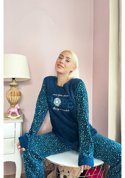 Lacivert Hope Desenli Kadın Peluş Pijama Takımı