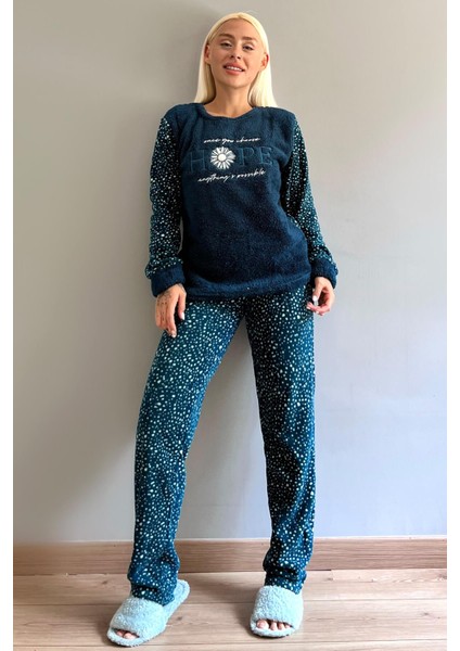 Lacivert Hope Desenli Kadın Peluş Pijama Takımı