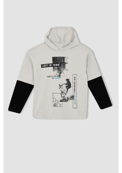 Erkek Çocuk Oversize Fit Kapüşonlu Uzun Kollu Tişört Y0864A622AU