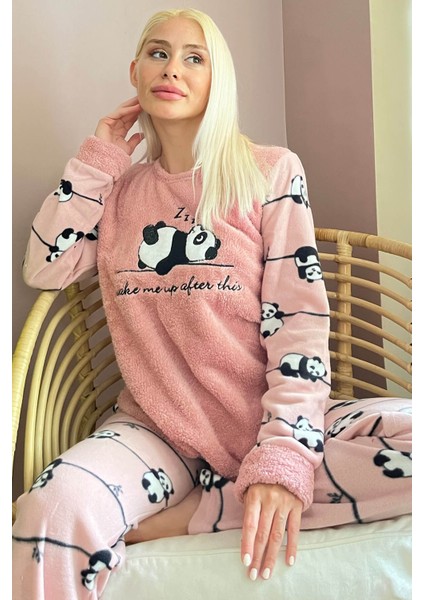 Pembe Zzz Wake Desenli Kadın Peluş Pijama Takımı