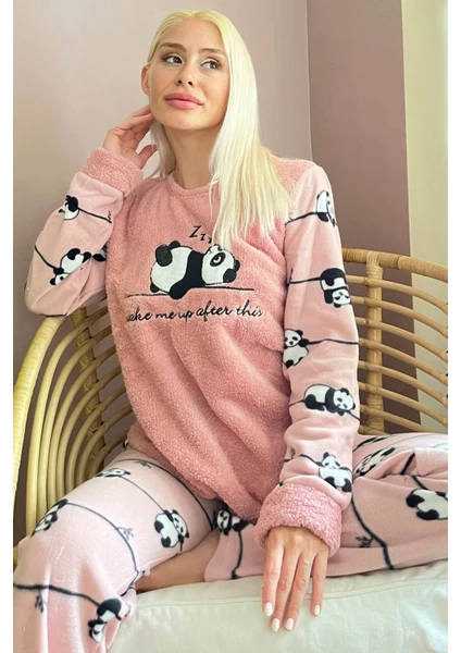 Pijama Evi Pembe Zzz Wake Desenli Kadın Peluş Pijama Takımı