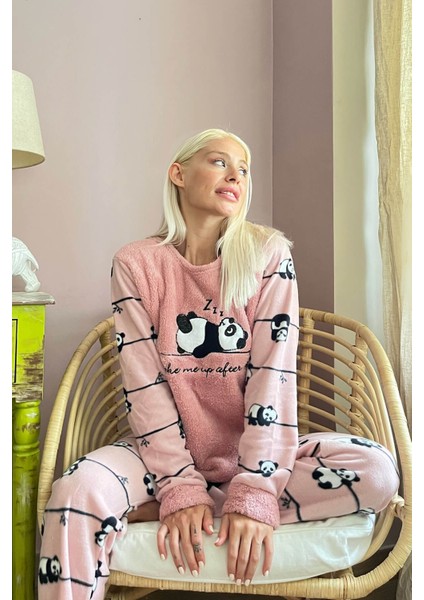 Pembe Zzz Wake Desenli Kadın Peluş Pijama Takımı