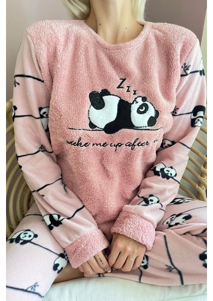 Pembe Zzz Wake Desenli Kadın Peluş Pijama Takımı