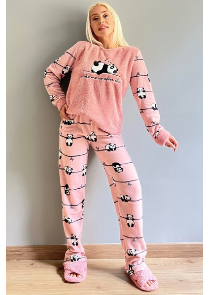 Pembe Zzz Wake Desenli Kadın Peluş Pijama Takımı