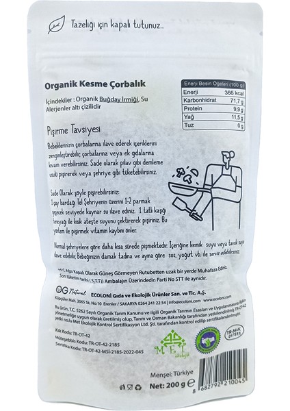 OG natural Organik Sütsüz Yumurtasız Sade Kesme Çorbalık 200 gr +6AY