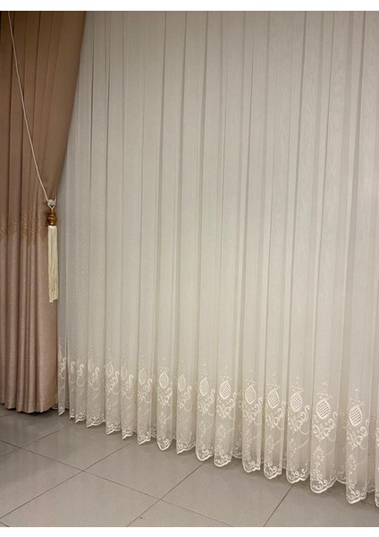 Nivemeshome Ren Nakışlı Krem 1/3 Sık Pile Tül Perde Apm