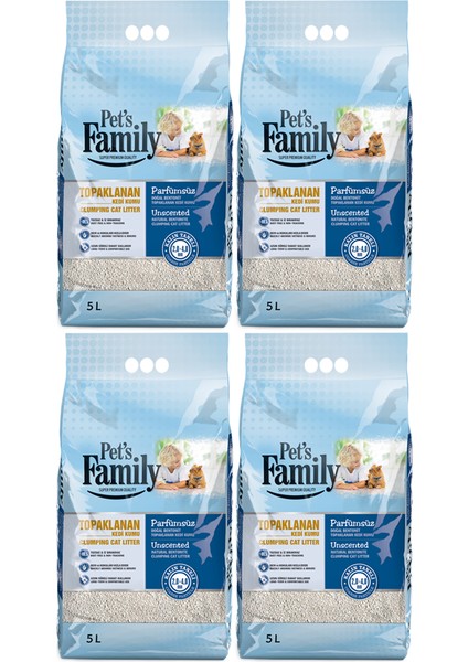 Pets Family 4* 5LT Topaklanan Parfümsüz Doğal Bentonit Kalın Taneli Kedi Kumu 4 Paket 20 Lt