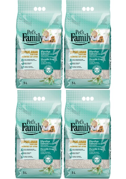 Pets Family 4*5LT Topaklanan Marsilya Sabunu Kokulu Doğal Bentonit Ince Taneli Premium Kedi Kumu 4 Paket 20 Lt
