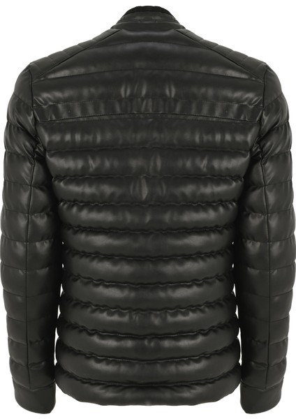 NorthFashion Erkek Siyah Slim Fit İçi Kürklü Su Geçirmez Şişme Deri Ceket & Mont modelleri