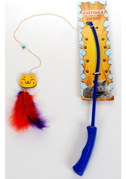 Özel Tüylü Zilli Kedi Figürlü Plastik Saplı Kedi Oyuncağı Oltası