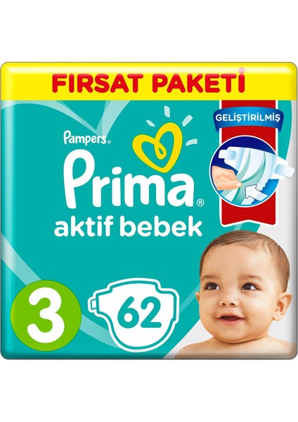 Prima Bebek Bezi Aktif Bebek Fırsat Paketi 3 Beden 62 Adet