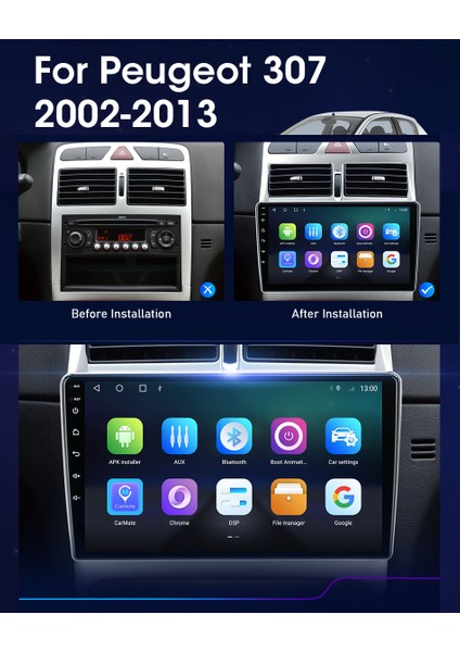 Peugeot 307 Multimedya 9 Inc Hd IPS Ekran 2GB/32GB Android 12 Sürüm Park Kamerası Hediyeli