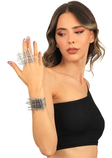 Kadın Antik Gümüş Kaplama Ayarlanabilir Geniş Band Çit Model Bileklik & Yüzük Set fırsatları