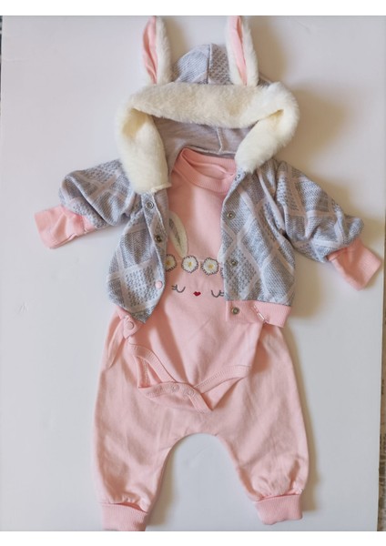 Tavşan Kulaklı Peluş Şapkalı Hırkalı Pantolonlu Çıtçıtlı Body %100 Organik Pamuklu