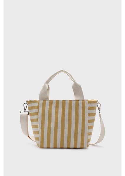 Kadın Sarı Çizgili Mini Keten Tote Çanta modelleri