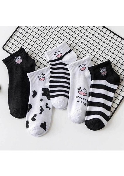 Meguca Socks Kadın Siyah Beyaz Inek Desenli Yarım Konç Kolej Çorap Seti 5 Çift