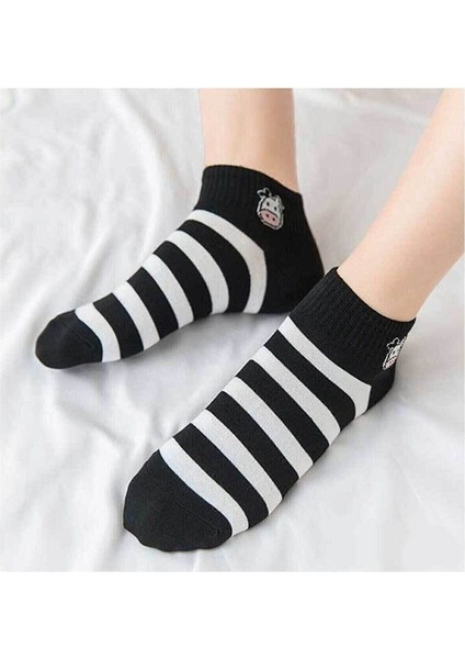 Meguca Socks Kadın Siyah Beyaz Inek Desenli Yarım Konç Kolej Çorap Seti 5 Çift