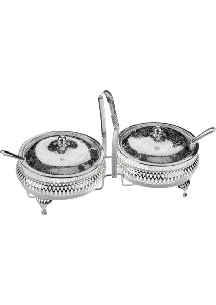 Ingiliz Gümüşü Kapaklı Kaşıklı Reçellik 2 Li 25.7 x 12 cm