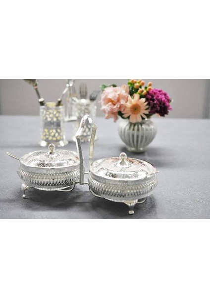 Ingiliz Gümüşü Kapaklı Kaşıklı Reçellik 2 Li 25.7 x 12 cm modelleri