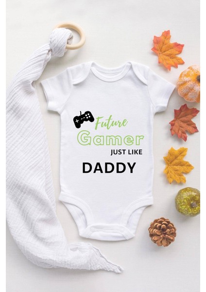 Tuğba Baby Tuğba Baby Erkek Beyaz Bebek Gamer Daddy Baskılı Çıtçıtlı Pamuklu Zıbın