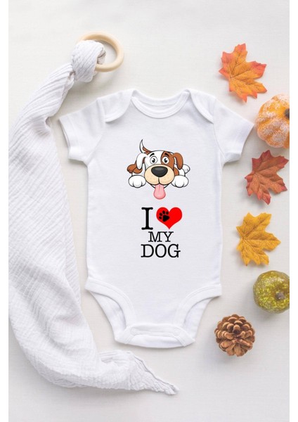 Ekru Bebek Köpek Baskılı Çıtçıtlı Body Pamuklı Zıbın