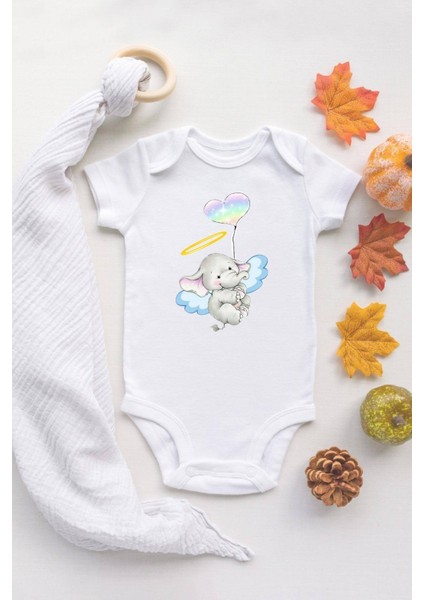 Tuğba Baby Kız Bebek Fil Baskılı Beyaz Çıtçıtlı Body Pamuklu Zıbın