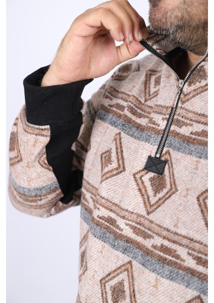 Erkek Sweatshirt Polo Yaka Fermuarlı Kahverengi Regular Fit Uzun Kol fiyatları