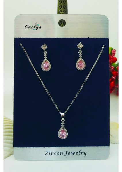 Gümüş Kaplama Su Damlası Pembe Zirkon Kolye Küpe 2’li Abiye Takı Seti