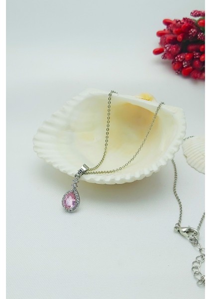 Gümüş Kaplama Su Damlası Pembe Zirkon Kolye Küpe 2’li Abiye Takı Seti fiyatları