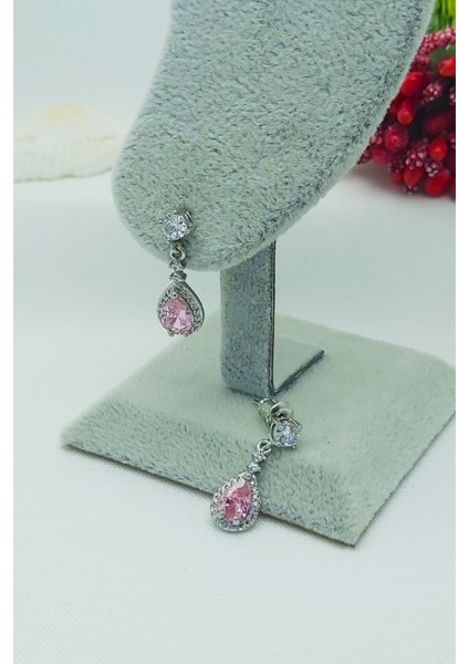 Gümüş Kaplama Su Damlası Pembe Zirkon Kolye Küpe 2’li Abiye Takı Seti modelleri