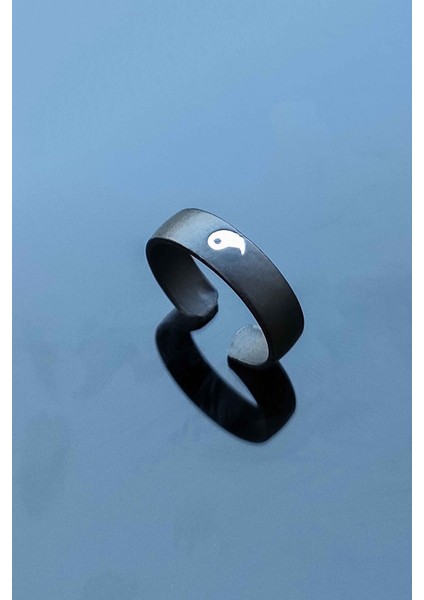 Sade Mat Siyah Halka Ying Yang Model Ayarlanabilir Yüzük