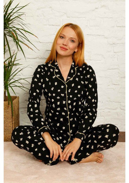 Farya Home Dreamy Pamuklu Biyeli Papatya Desenli Gömlek Pijama Takımı