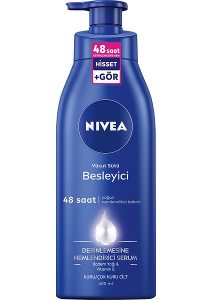 NIVEA Besleyici Vücut Sütü 400ml; Kuru ve Çok Kuru Ciltler;48 Saat Nemlendirici Vücut Losyonu;E Vitamini ve Badem Yağı İçerir