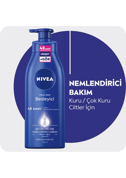 NIVEA Besleyici Vücut Sütü 400ml; Kuru ve Çok Kuru Ciltler;48 Saat Nemlendirici Vücut Losyonu;E Vitamini ve Badem Yağı İçerir