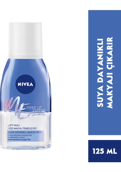 NIVEA Make Up Expert Çift Fazlı Göz Makyaj Temizleyici 125 ml , Etkili Makyaj temizleme, Mavi Kantaron Çiçeği özü ile Hassas Kirpik Bakımı