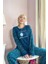 Lacivert Hope Desenli Kadın Peluş Pijama Takımı 2