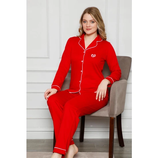 Farya Home Dreamy Pamuklu Biyeli Gömlek Pijama Takımı Kırmızı
