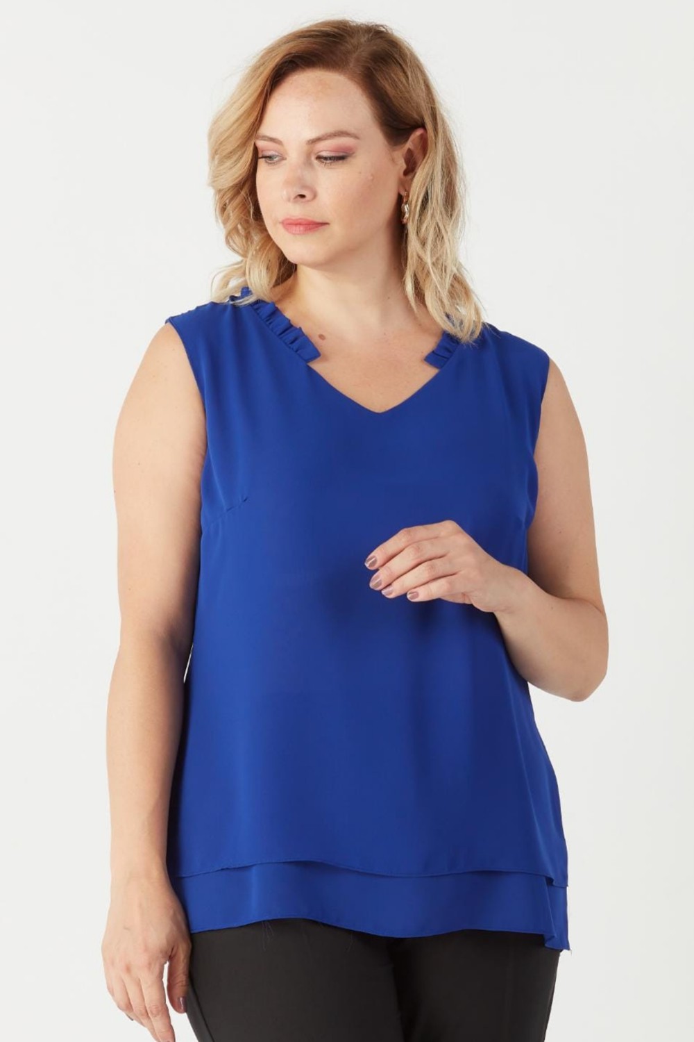 Moda Berray 3241 Yaka Fırfırlı Kolsuz Büyük Beden Şık Bluz Saks görsel 2