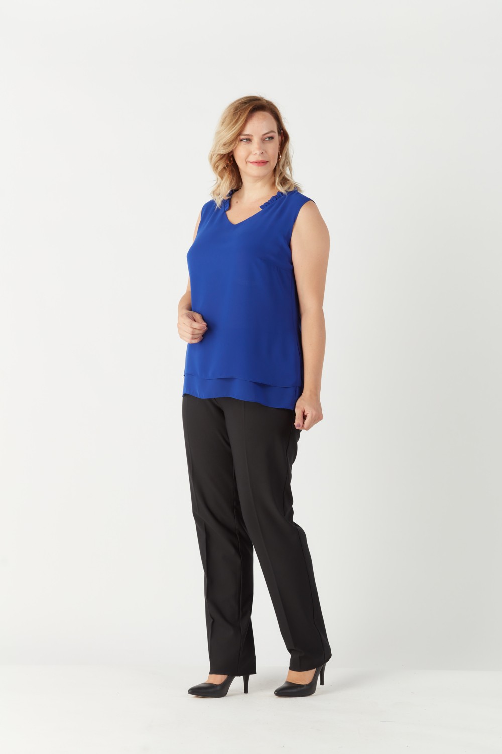 Moda Berray 3241 Yaka Fırfırlı Kolsuz Büyük Beden Şık Bluz Saks görsel 3