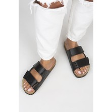 Manijero Vina Kadın Deri Çift Cırtlı Siyah Deri Terlik