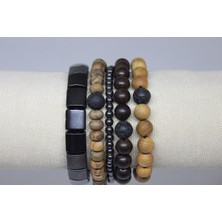 Yaşam Tohumu Hematit Doğal Taşlı & Ahşap Boncuklu Erkek Bileklik 5'li  Set (Sınırlı Sayıda Üretim)