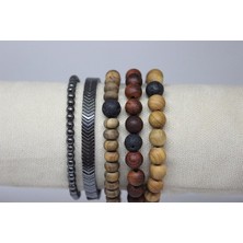 Yaşam Tohumu Hematit Doğal Taşlı & Ahşap Boncuklu Erkek Bileklik 5'li  Set (Sınırlı Sayıda Üretim)