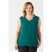 Moda Berray 3241 Yaka Fırfırlı Kolsuz Büyük Beden Şık Bluz Petrol