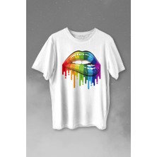Kendim Seçtim Lips Rainbow Dudak Gökkuşağı Baskılı Tişört  T-Shirt Beyaz