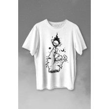 Kendim Seçtim Uzayda El Satürn Halkaları Çizimli Lolipop Hellfire Ateş Baskılı Tişört  T-Shirt Beyaz