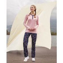 Doreanse Kadın Pembe-Lacivert Çiçek Desenli Marka Baskılı Uzun Kol T-Shirt Pijama Takımı 4053